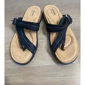 NWOB CLARKS Brynn Madi Women's Black Leather Comfort Slip On Sandal Size 9.5‎